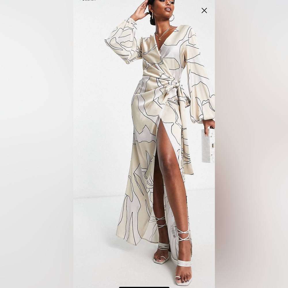 ASOS Design champagne satin wrap dress 8 exaggerated sleeve w/ open detail back